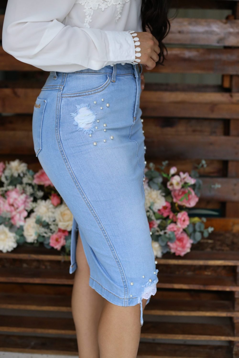 Saia jeans detalhe lateral - Moda Evangélica