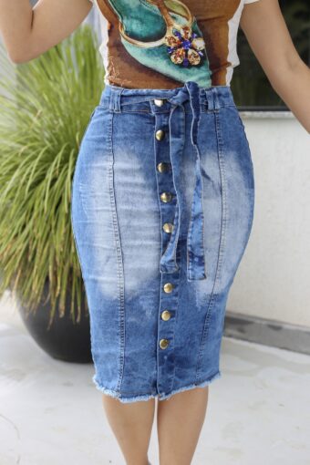 Saia Jeans Botão Cinto em Áquila Tauheny Store | Moda Evangélica