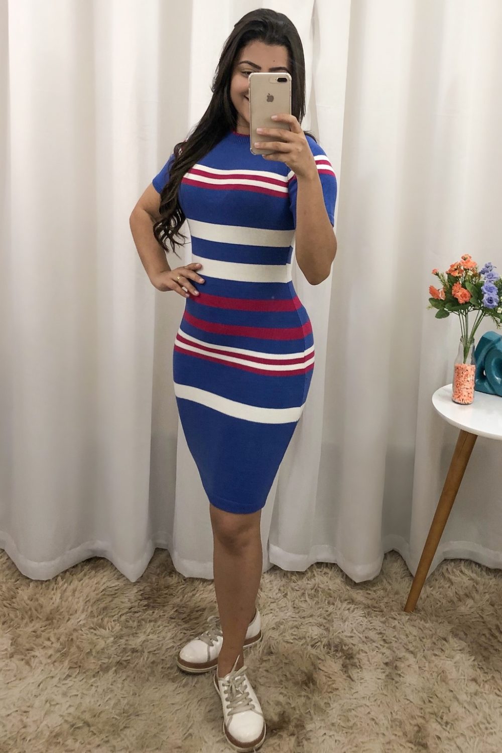 Vestido Tricot Azul Listrado em Áquila Tauheny Store | Moda Evangélica