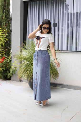 Saia Jeans Longa Listrada em Áquila Tauheny Store | Moda Evangélica
