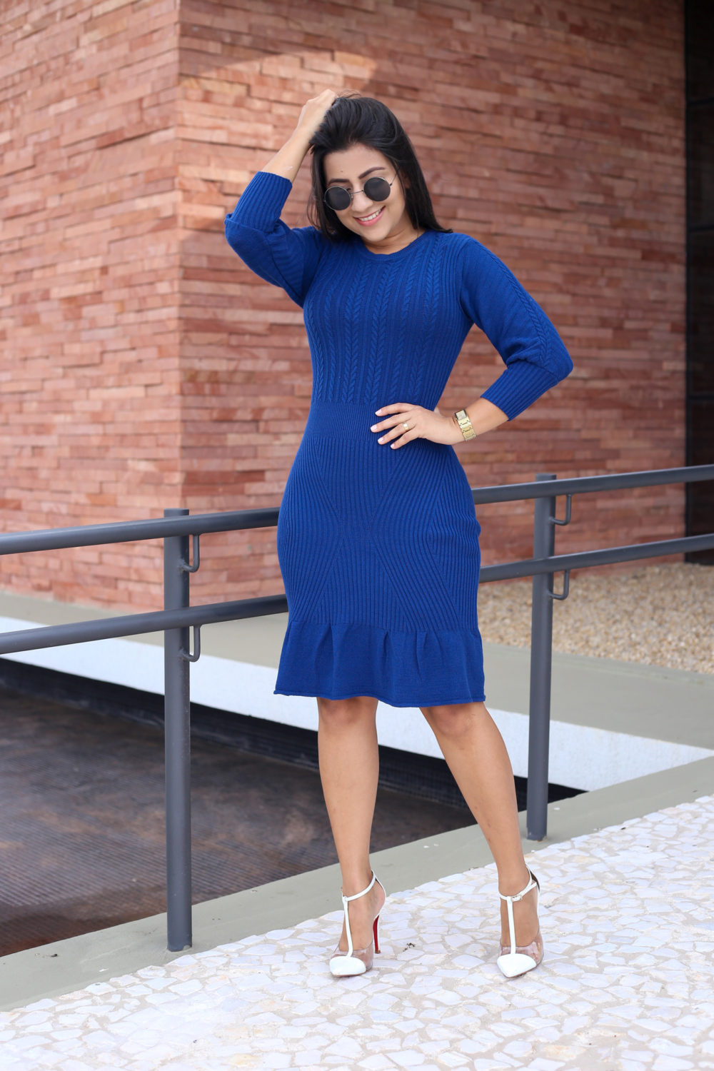 Vestido Tricot Peplum Azul em Áquila Tauheny Store | Moda Evangélica