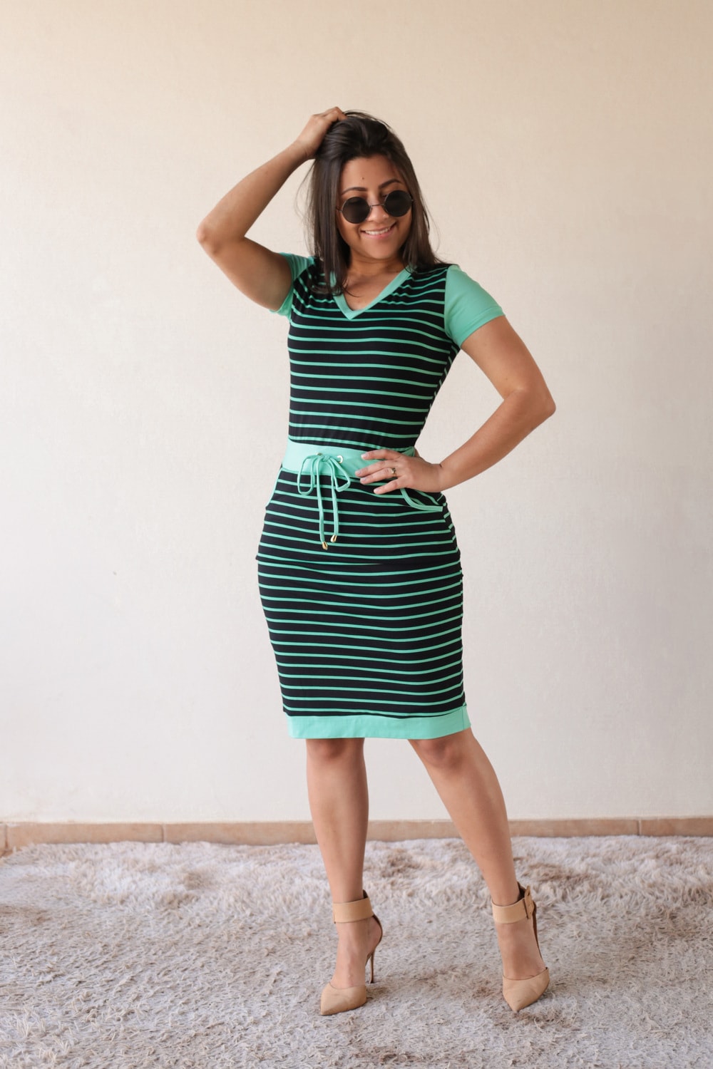 Vestido Malha Listrado Verde em Áquila Tauheny Store | Moda Evangélica