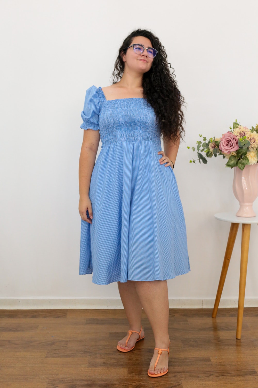 Vestido Midi Xadrez Azul AT | Moda Evangelica Gabi