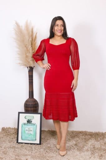 Vestido de Tricot Vermelho Isabelle | Moda Evangélica e Executiva